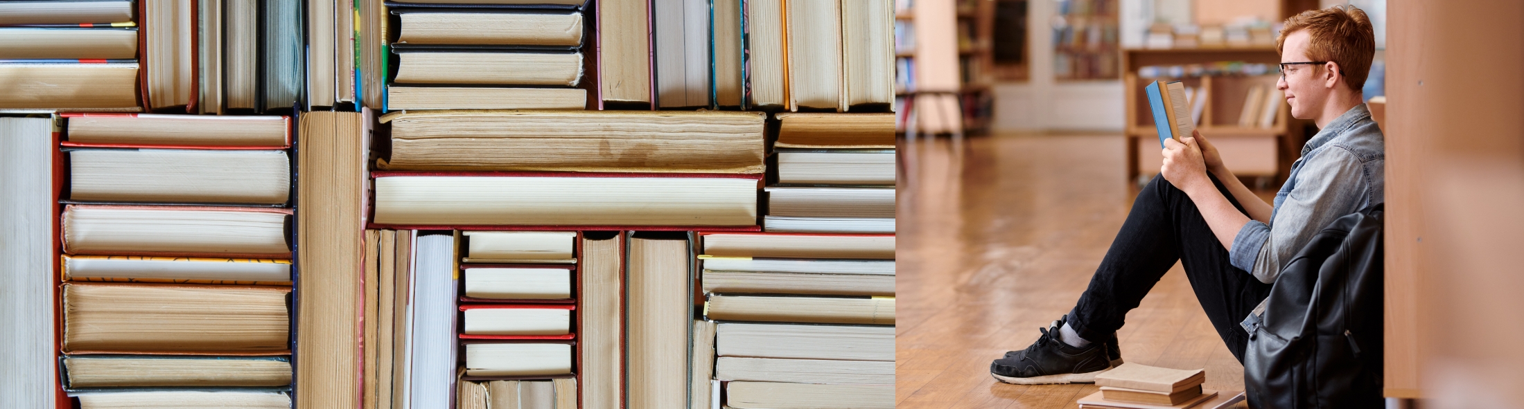 Une pile de livres anciens et un homme qui lit